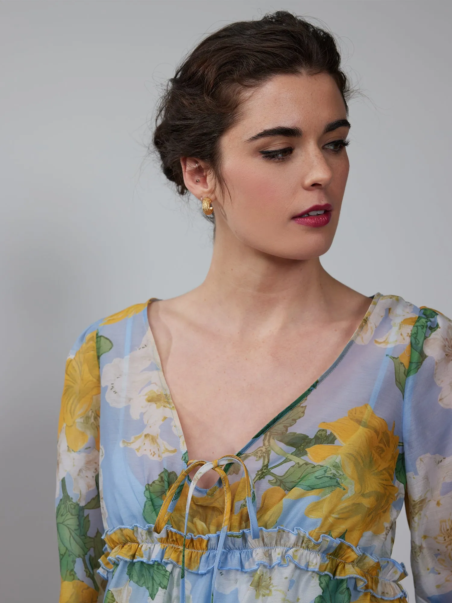 Floral Tie Sleeve Organza Baby Doll Blouse