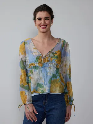 Floral Tie Sleeve Organza Baby Doll Blouse