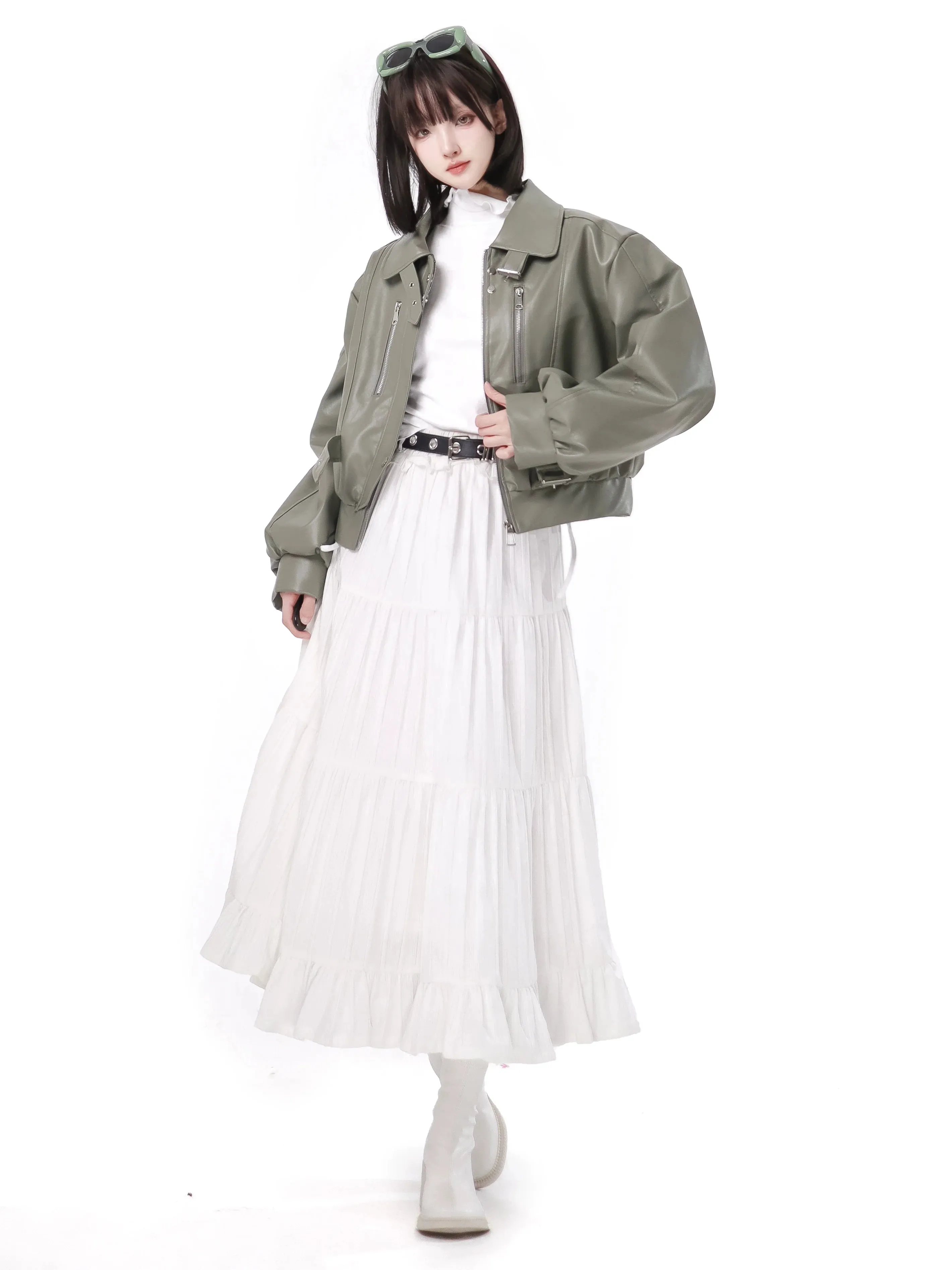 Fresh Green Silver Fox Bell Bet Leather Jacket Tops Skirt