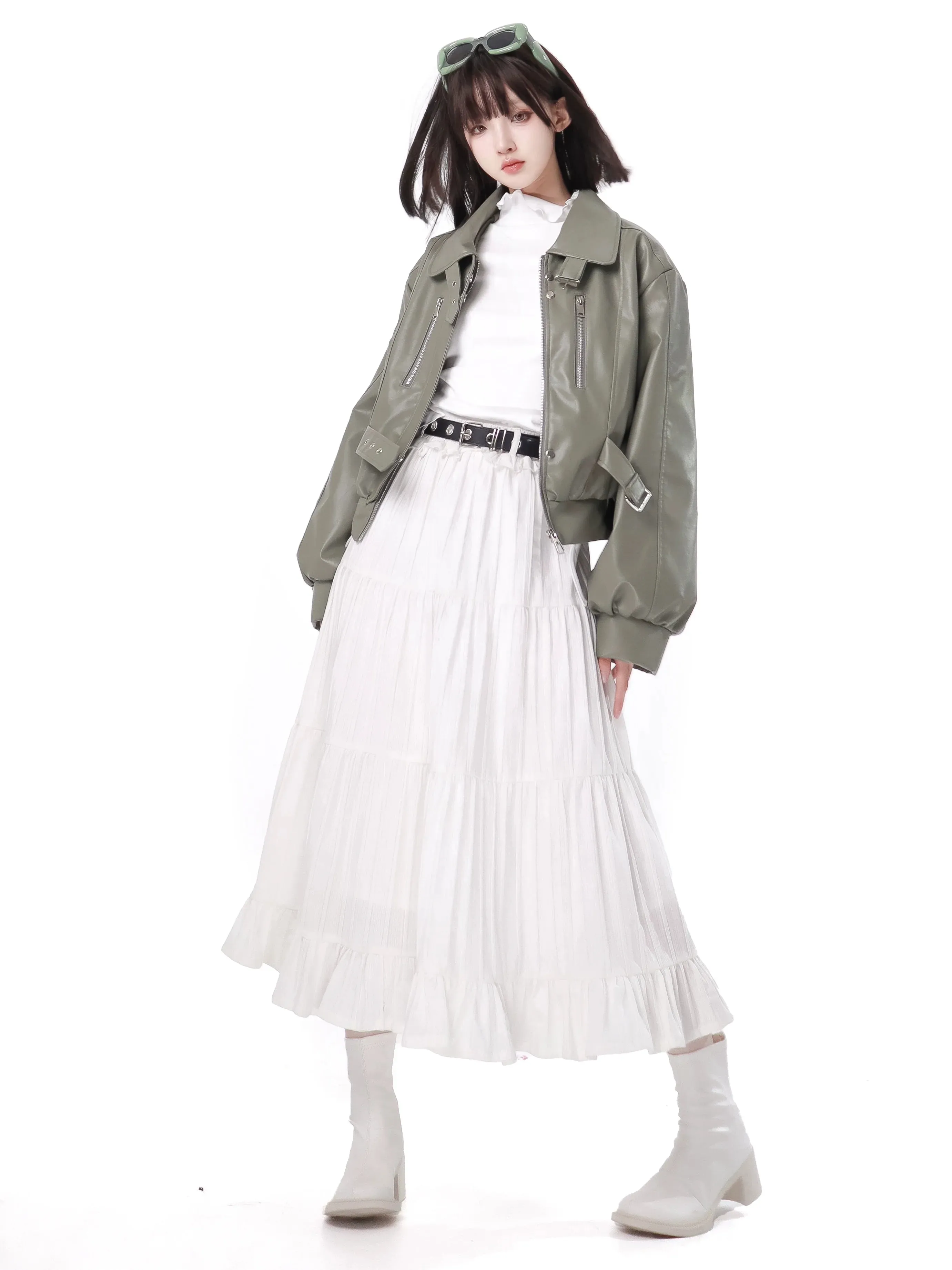 Fresh Green Silver Fox Bell Bet Leather Jacket Tops Skirt