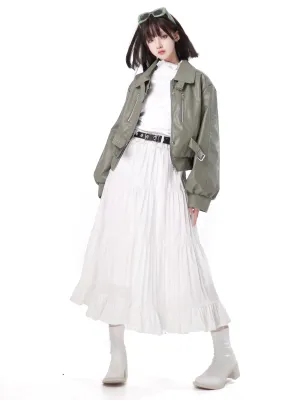 Fresh Green Silver Fox Bell Bet Leather Jacket Tops Skirt
