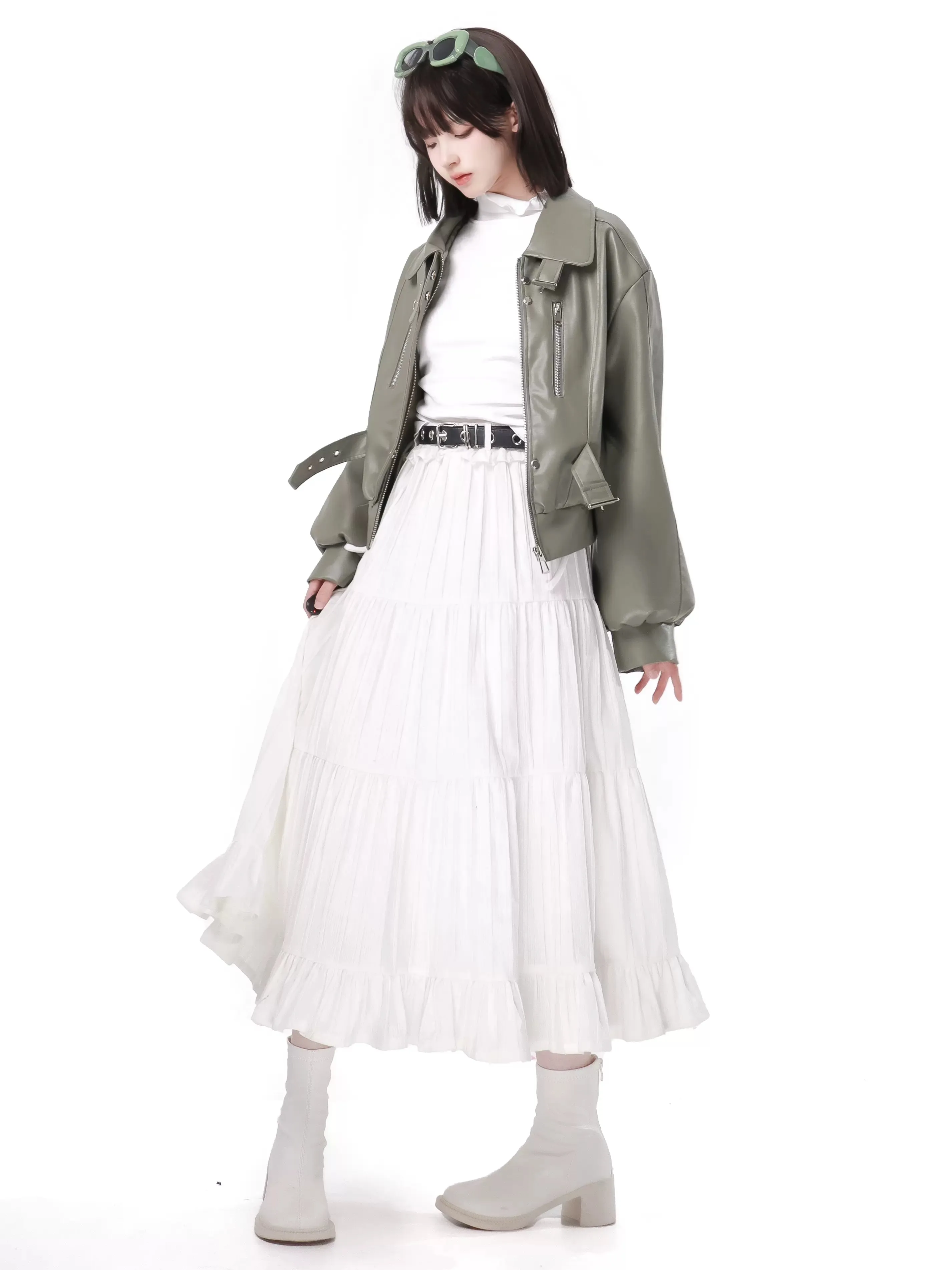 Fresh Green Silver Fox Bell Bet Leather Jacket Tops Skirt
