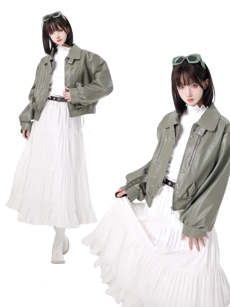 Fresh Green Silver Fox Bell Bet Leather Jacket Tops Skirt