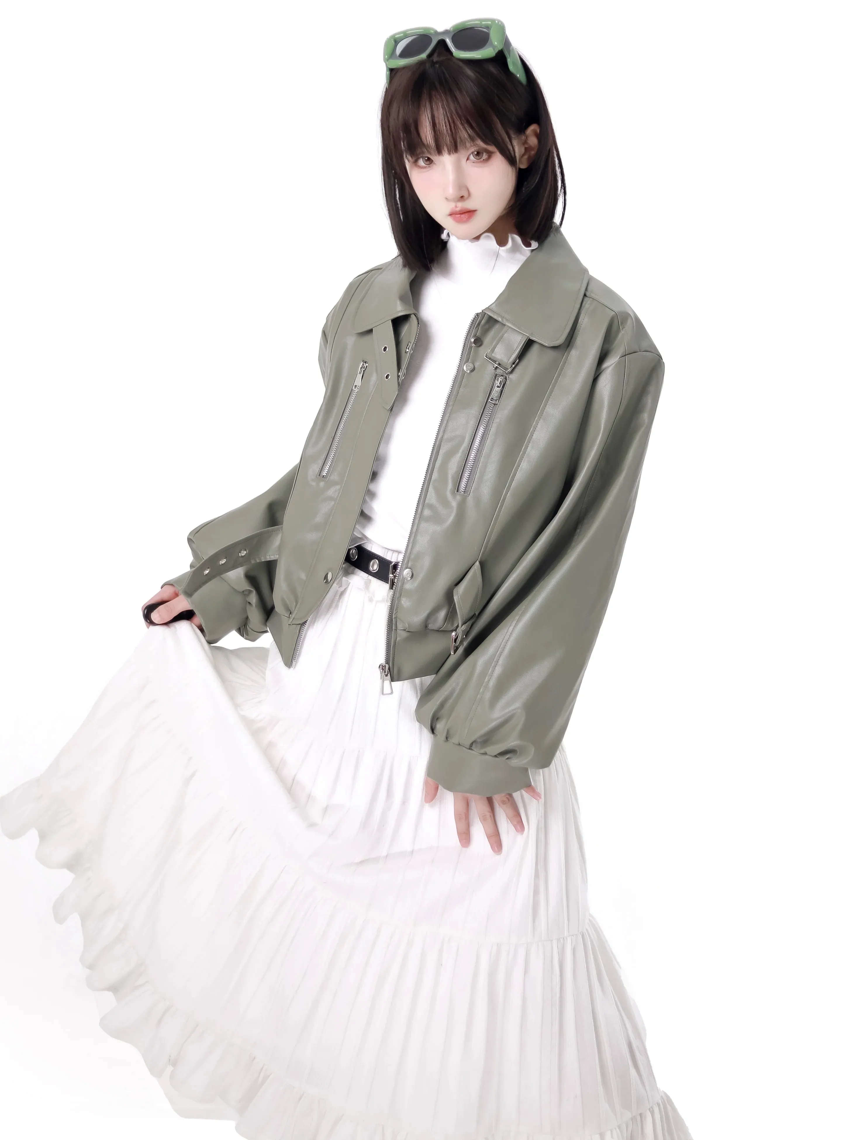 Fresh Green Silver Fox Bell Bet Leather Jacket Tops Skirt