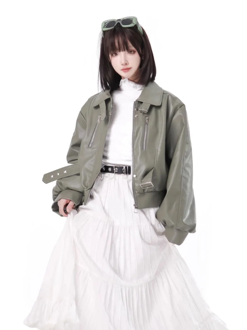 Fresh Green Silver Fox Bell Bet Leather Jacket Tops Skirt