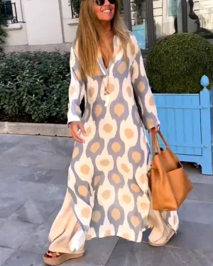 Geometric Print Split Maxi Casual Dress