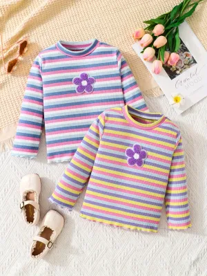 Girls 2-piece Stylish & Casual Long Sleeve Flowers Decor Striped T-shirts