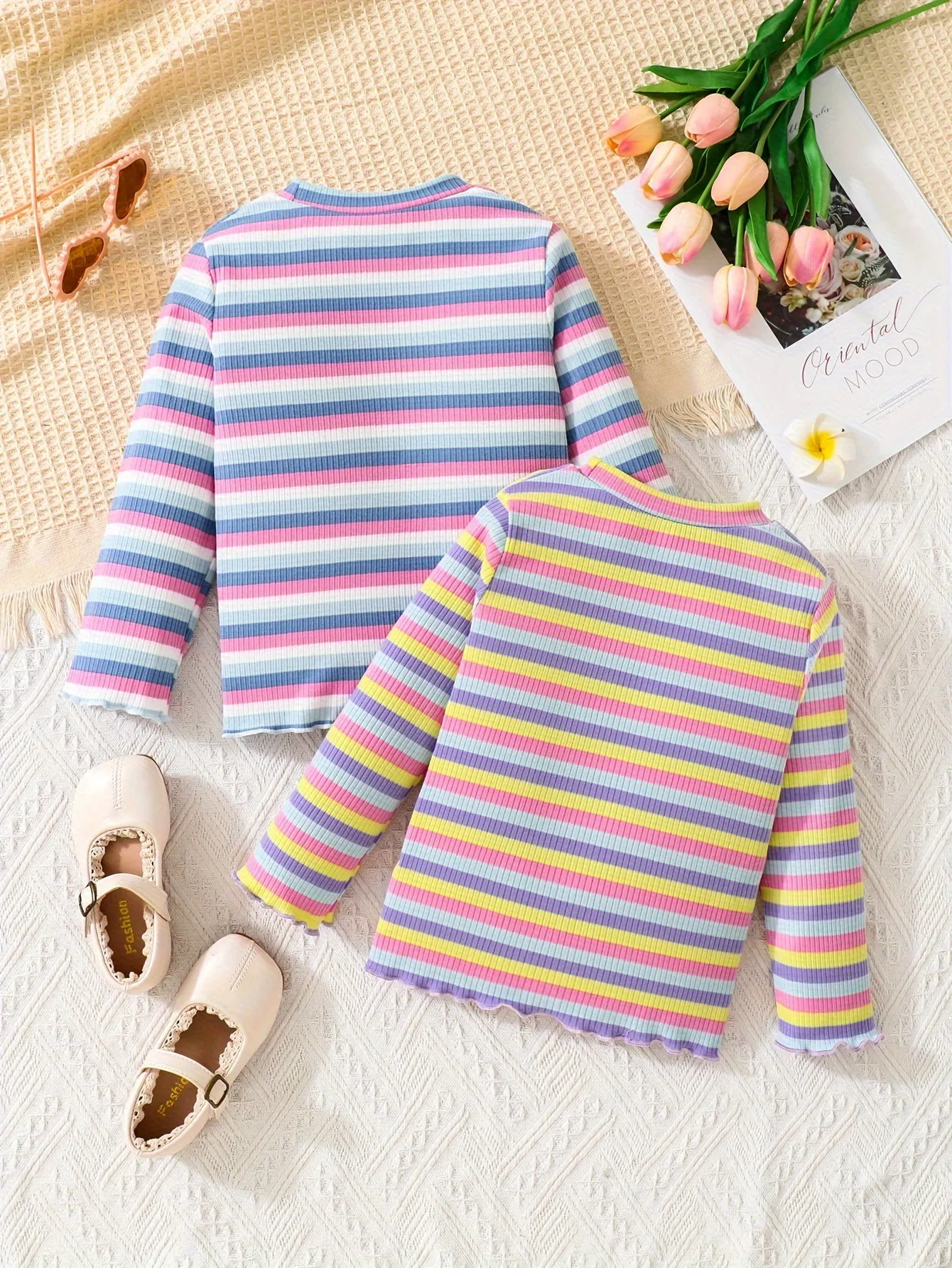 Girls 2-piece Stylish & Casual Long Sleeve Flowers Decor Striped T-shirts