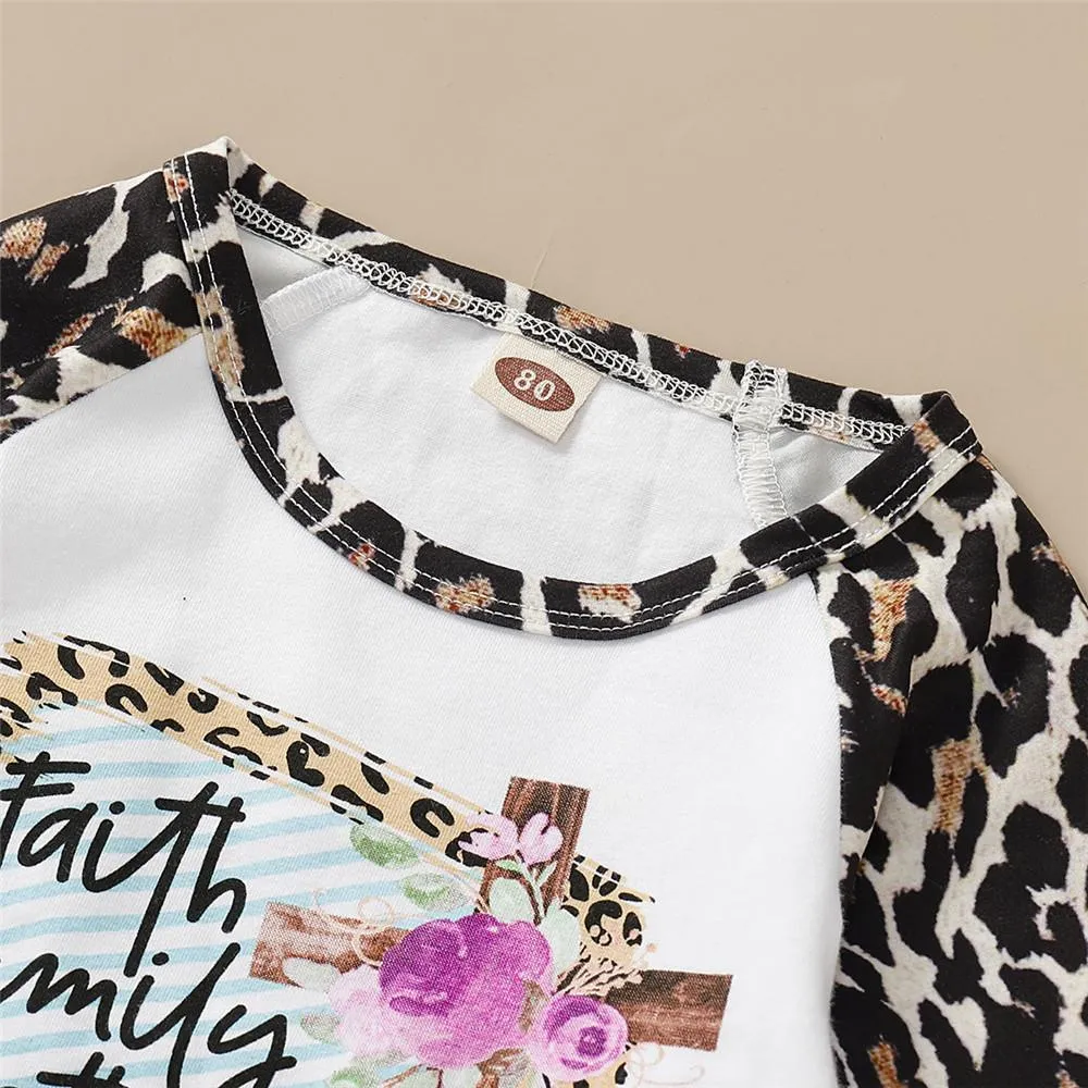Girls Flared Sleeve Letter Leopard Printed Tops & Trousers