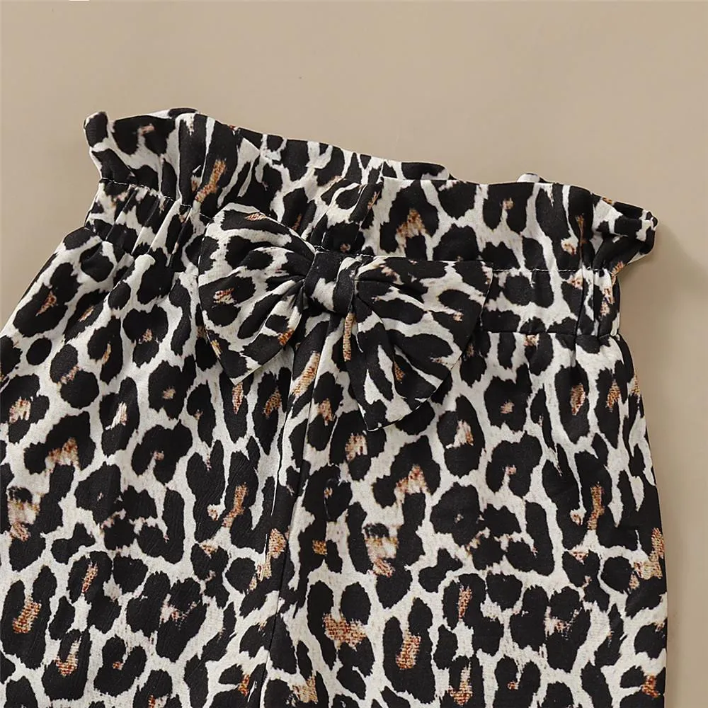 Girls Flared Sleeve Letter Leopard Printed Tops & Trousers