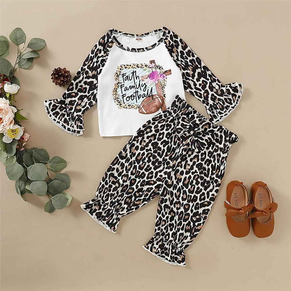 Girls Flared Sleeve Letter Leopard Printed Tops & Trousers