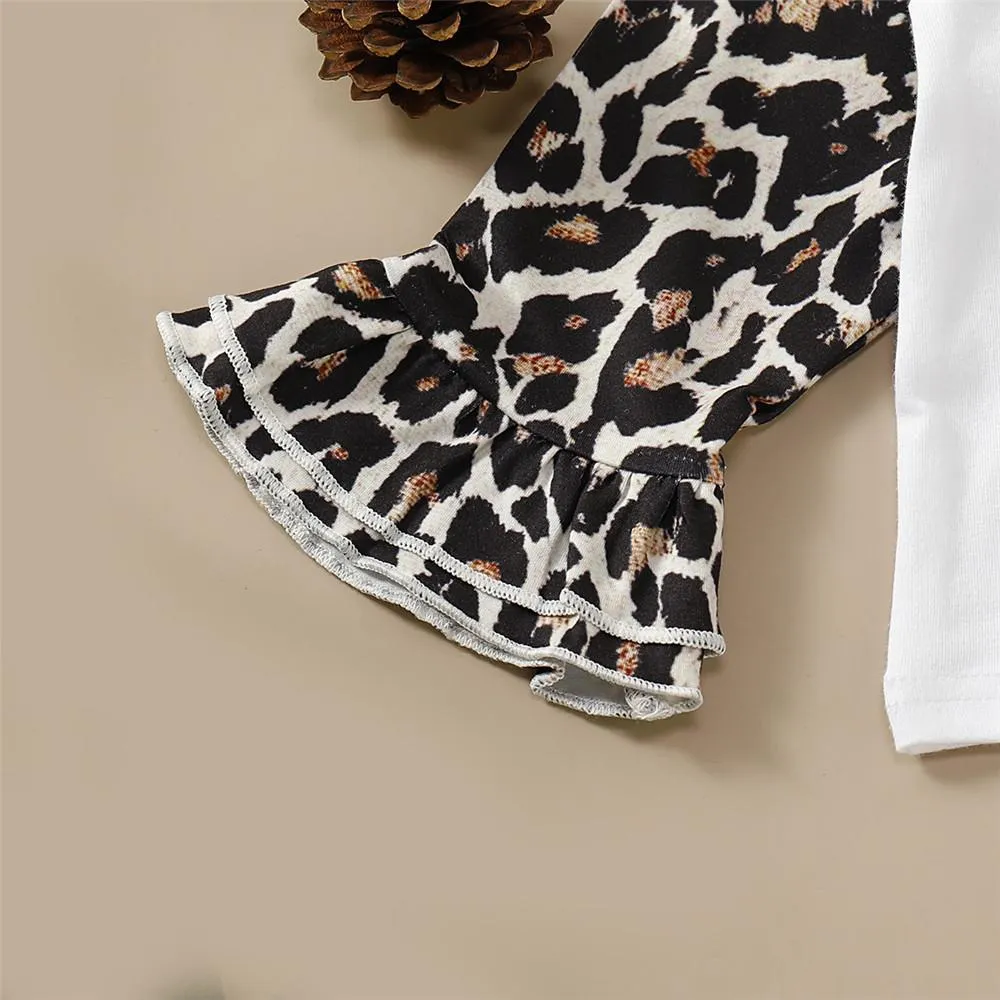 Girls Flared Sleeve Letter Leopard Printed Tops & Trousers