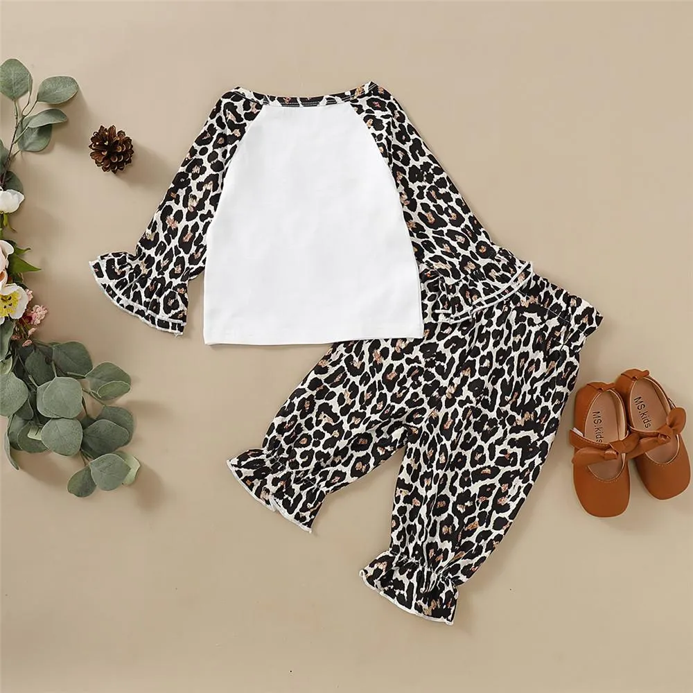 Girls Flared Sleeve Letter Leopard Printed Tops & Trousers