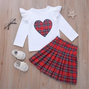 Girls Heart Plaid Long Sleeve Tops & Skirt Wholesale Girl Clothing