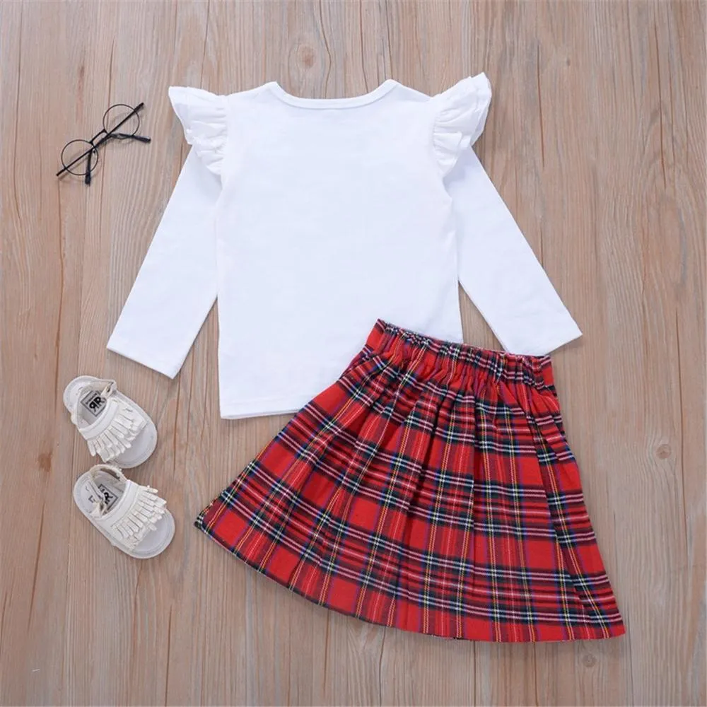 Girls Heart Plaid Long Sleeve Tops & Skirt Wholesale Girl Clothing