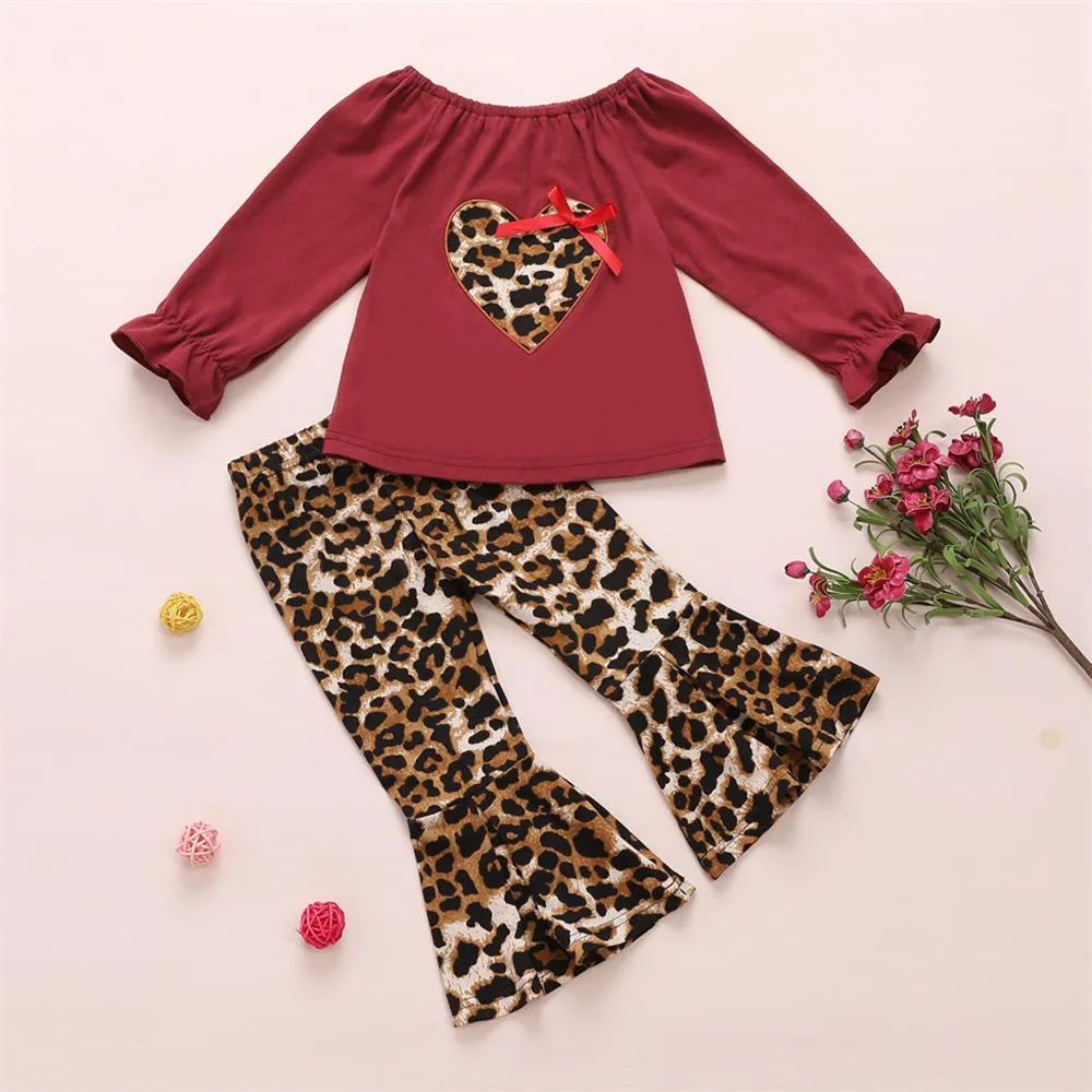 Girls Leopard Heart Solid Tops & Flares Pants Wholesale Daddys Girl Baby Outfit