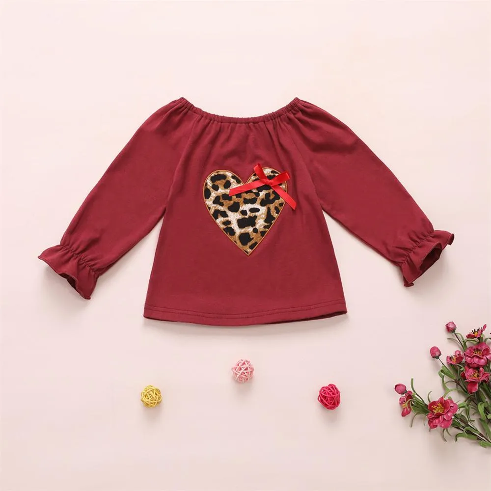 Girls Leopard Heart Solid Tops & Flares Pants Wholesale Daddys Girl Baby Outfit