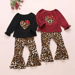 Girls Leopard Heart Solid Tops & Flares Pants Wholesale Daddys Girl Baby Outfit