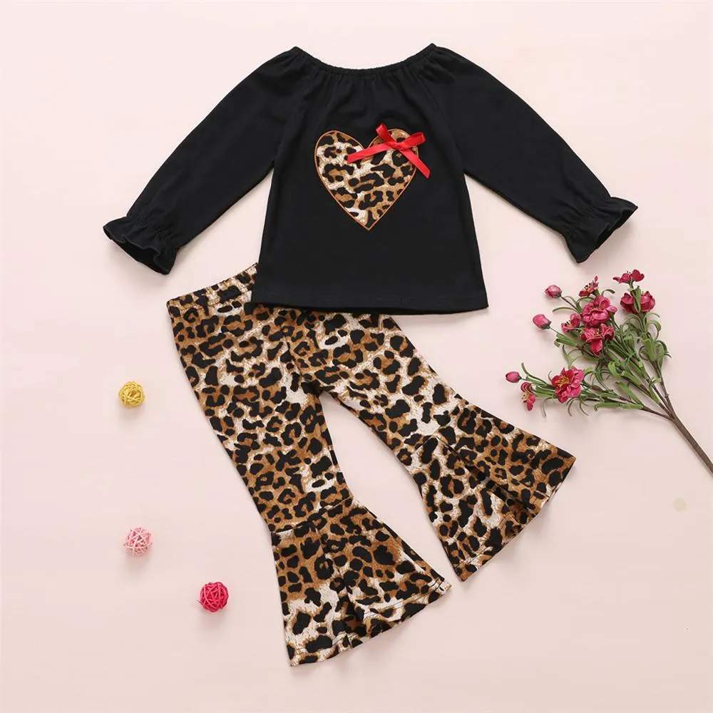 Girls Leopard Heart Solid Tops & Flares Pants Wholesale Daddys Girl Baby Outfit
