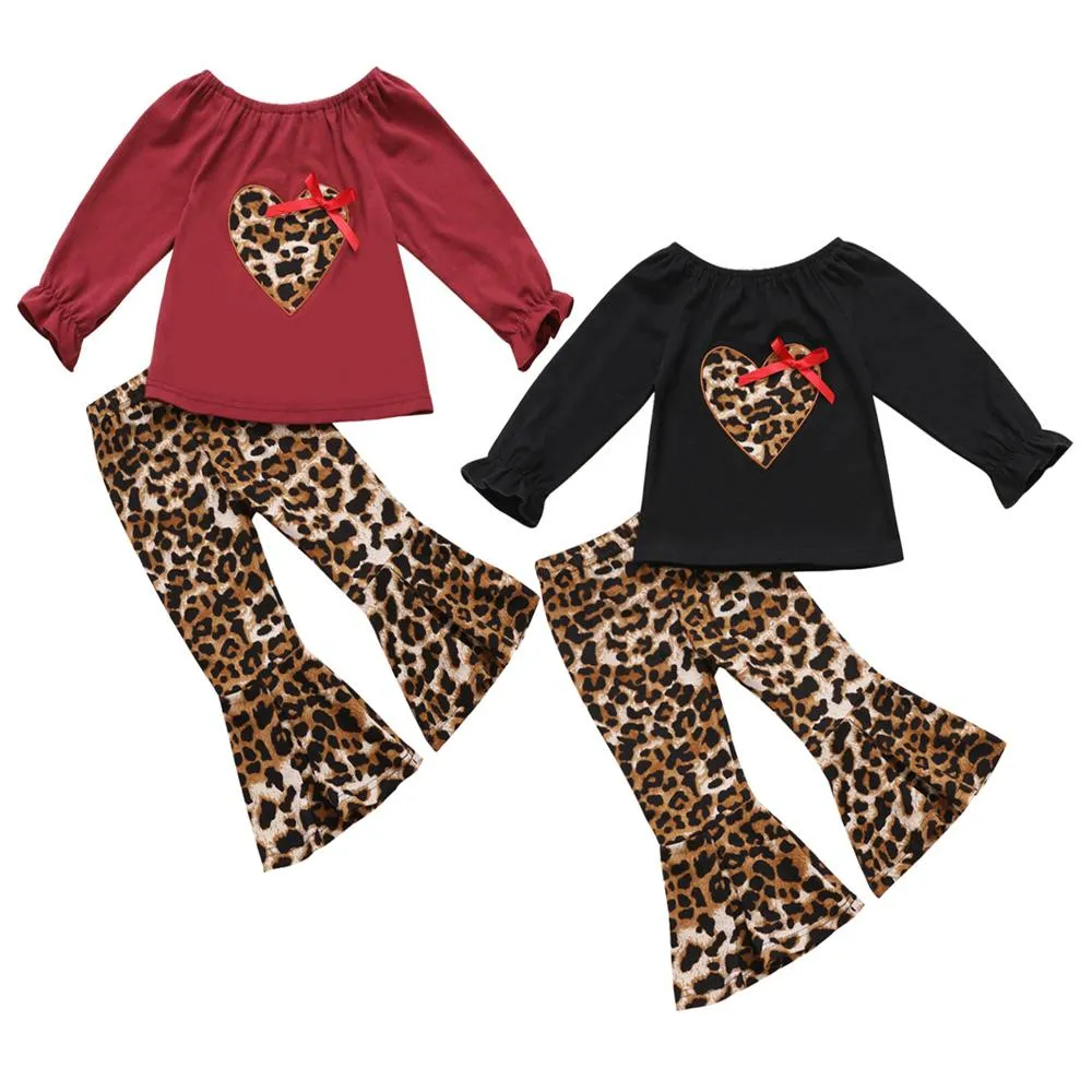 Girls Leopard Heart Solid Tops & Flares Pants Wholesale Daddys Girl Baby Outfit
