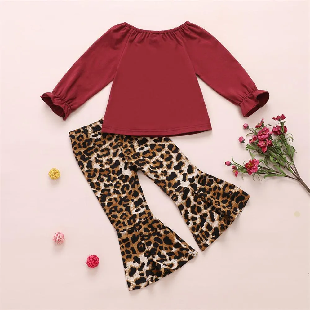 Girls Leopard Heart Solid Tops & Flares Pants Wholesale Daddys Girl Baby Outfit