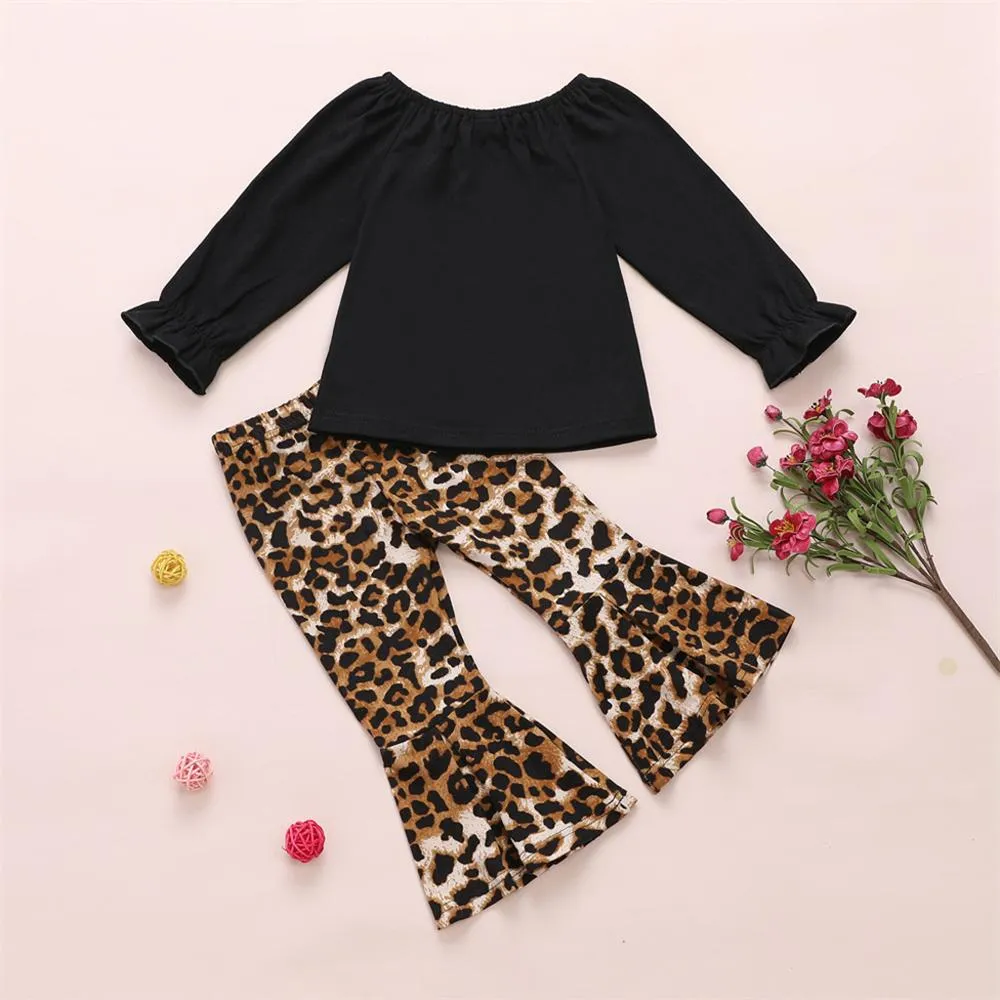 Girls Leopard Heart Solid Tops & Flares Pants Wholesale Daddys Girl Baby Outfit