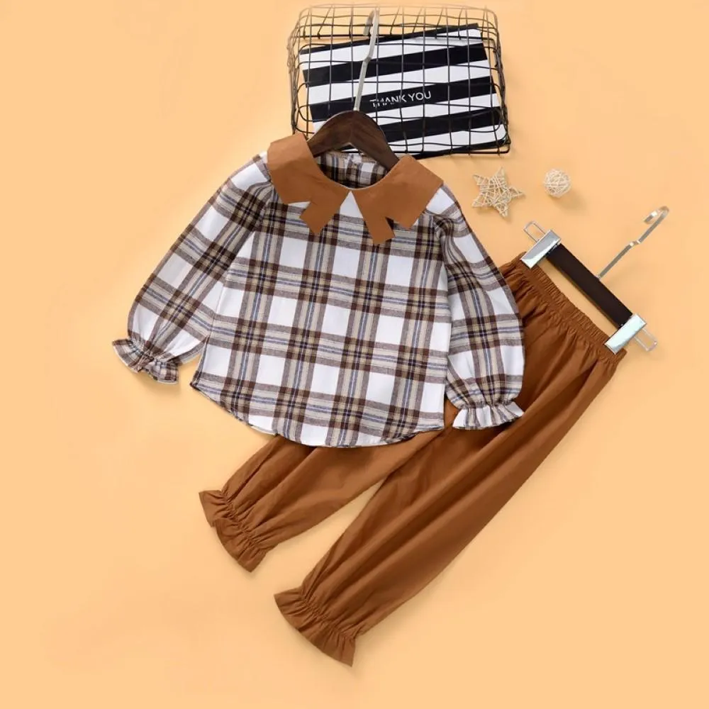Girls Long Sleeve Plaid fashion Tops & Pants Wholesale Girl Clothing