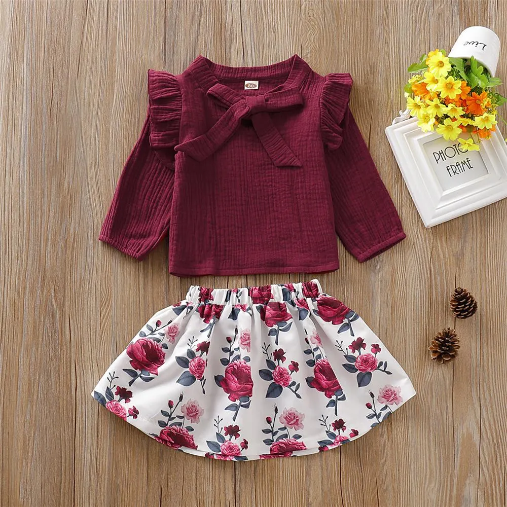 Girls Solid Bow Decor Long Sleeve Tops & Floral Skirts