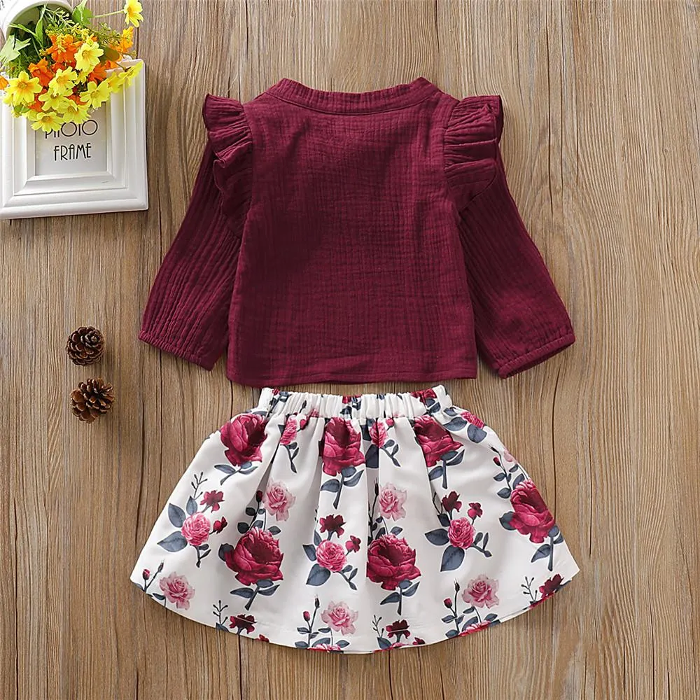 Girls Solid Bow Decor Long Sleeve Tops & Floral Skirts