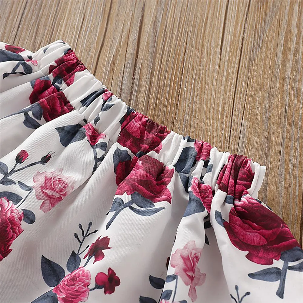 Girls Solid Bow Decor Long Sleeve Tops & Floral Skirts