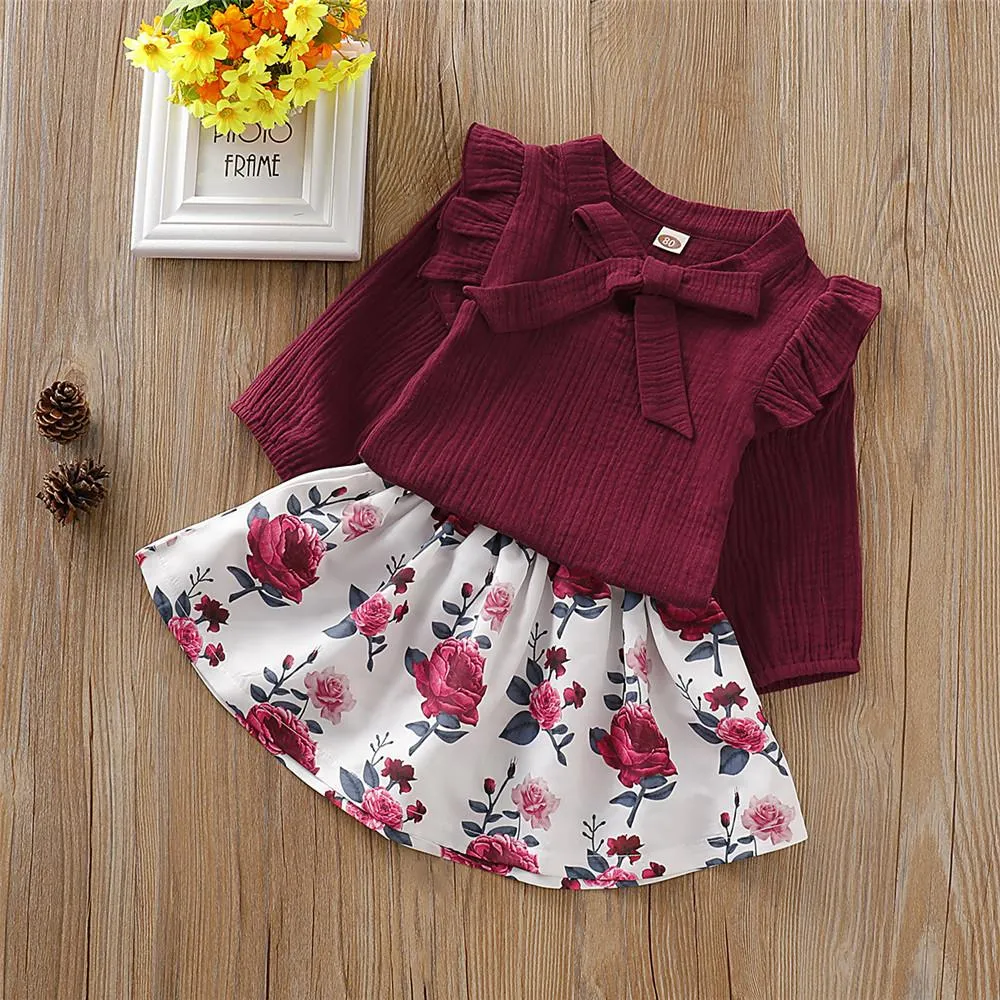 Girls Solid Bow Decor Long Sleeve Tops & Floral Skirts