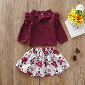 Girls Solid Bow Decor Long Sleeve Tops & Floral Skirts