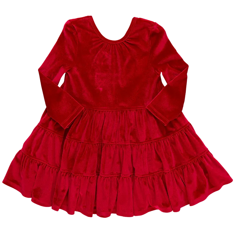 Girls Velour Pearl Dress - Red