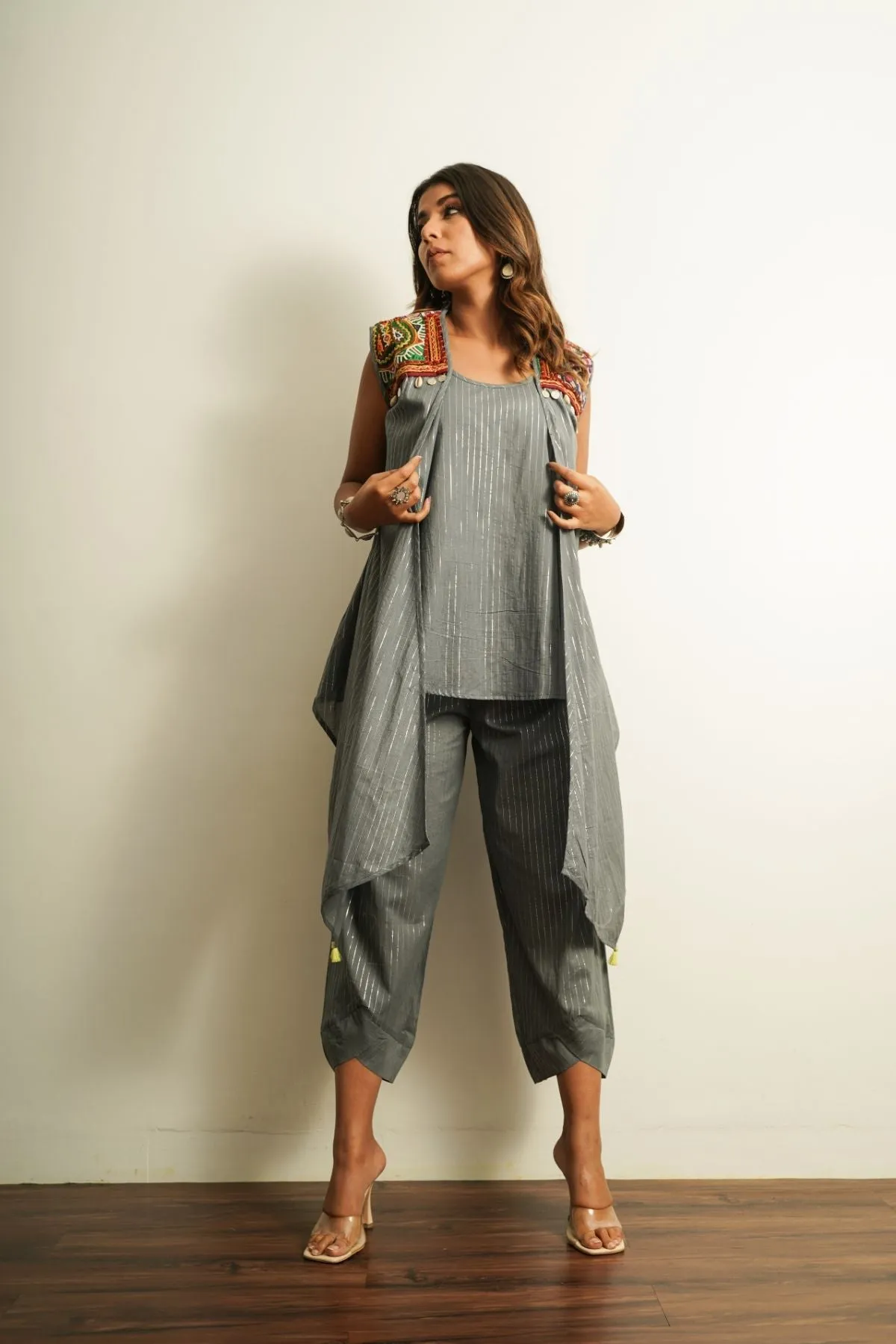 Grey Embellished Cotton Pant