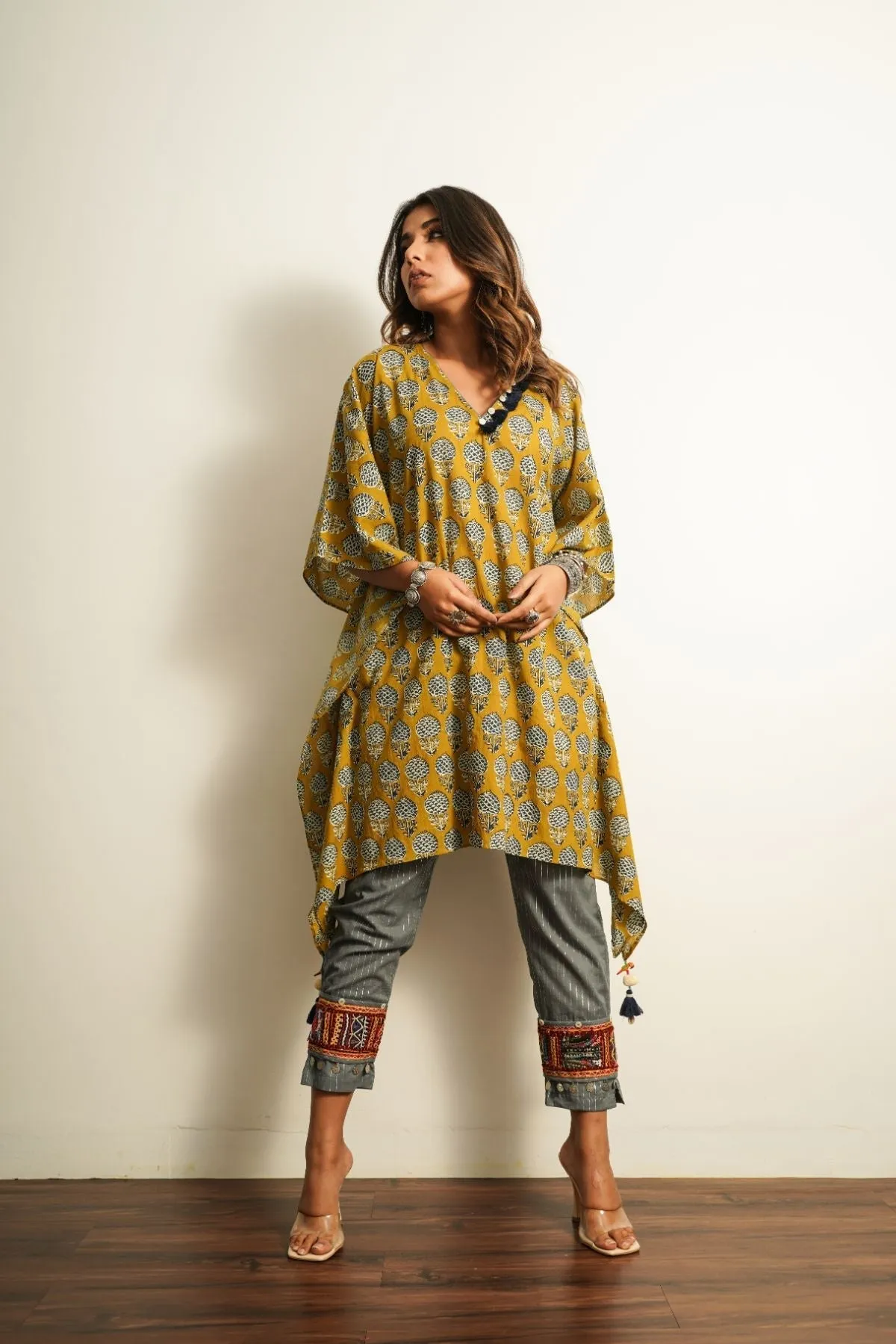 Grey Embroidered Cotton Straight Pant