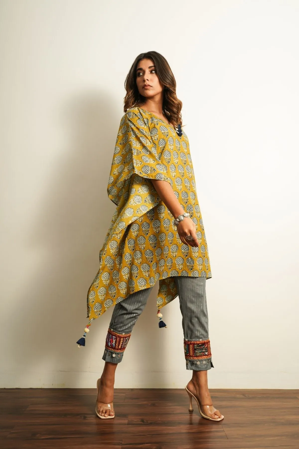 Grey Embroidered Cotton Straight Pant