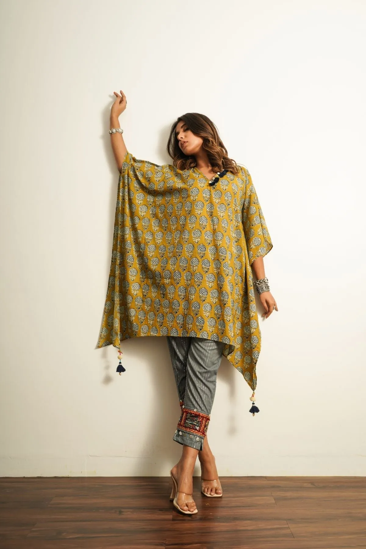 Grey Embroidered Cotton Straight Pant