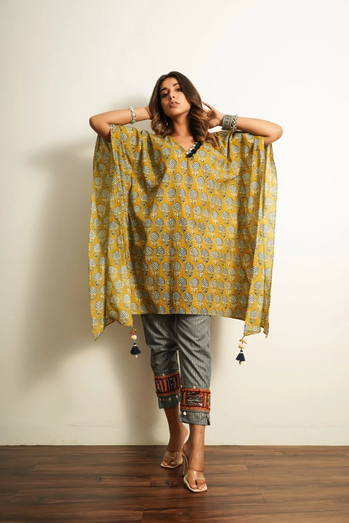 Grey Embroidered Cotton Straight Pant