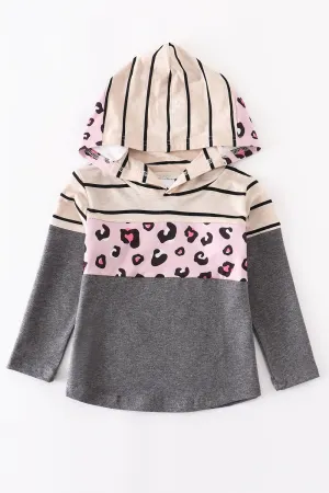Grey Striped Leopard Hoodie Top