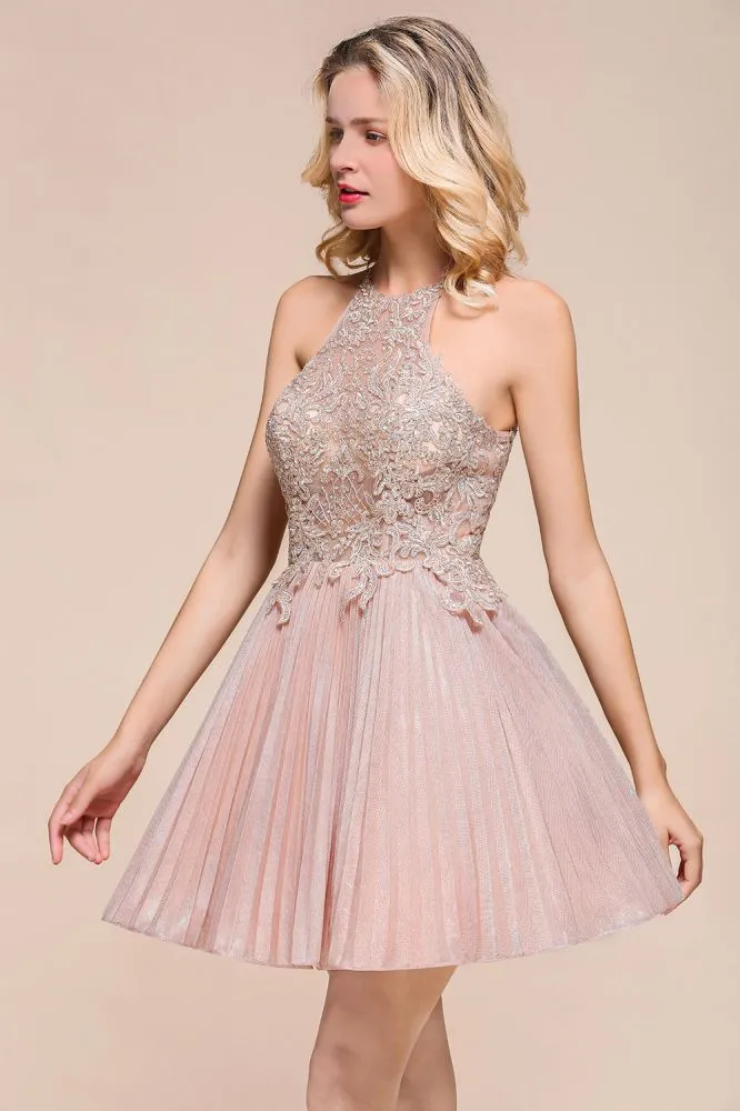 Halter Sparkly Short Homecoming Dress Floral Lace Aline Prom Dress Knee Length