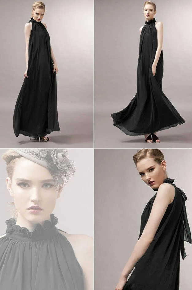 High-neck Sleeveless Halter Lace Up Pleated Solid Bohemian Dress