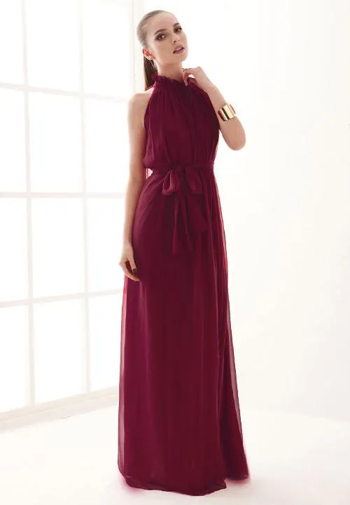 High-neck Sleeveless Halter Lace Up Pleated Solid Bohemian Dress