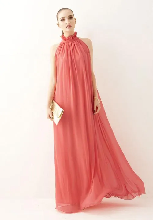 High-neck Sleeveless Halter Lace Up Pleated Solid Bohemian Dress