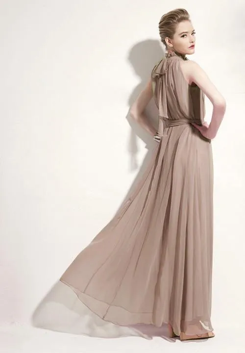 High-neck Sleeveless Halter Lace Up Pleated Solid Bohemian Dress