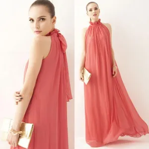 High-neck Sleeveless Halter Lace Up Pleated Solid Bohemian Dress
