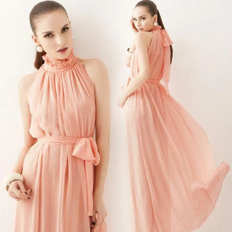 High-neck Sleeveless Halter Lace Up Pleated Solid Bohemian Dress