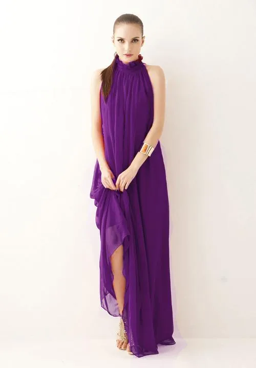 High-neck Sleeveless Halter Lace Up Pleated Solid Bohemian Dress
