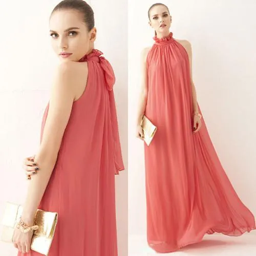 High-neck Sleeveless Halter Lace Up Pleated Solid Bohemian Dress