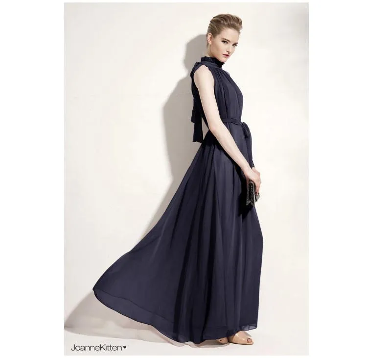 High-neck Sleeveless Halter Lace Up Pleated Solid Bohemian Dress