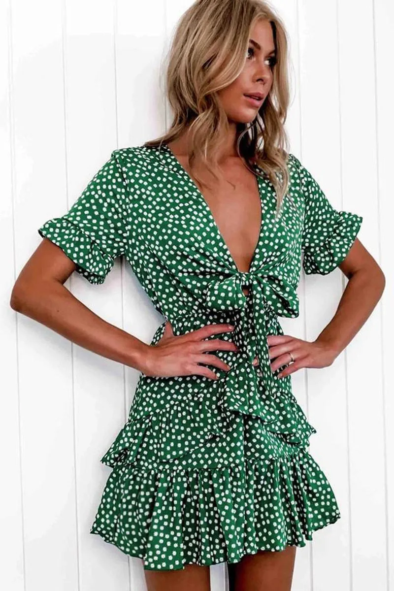 hirigin 2020 Women Dress Boho Floral Ruffle Short Mini Dress Summer Knot Sexy V-Neck Party Holiday Dress Femme vestido de mujer